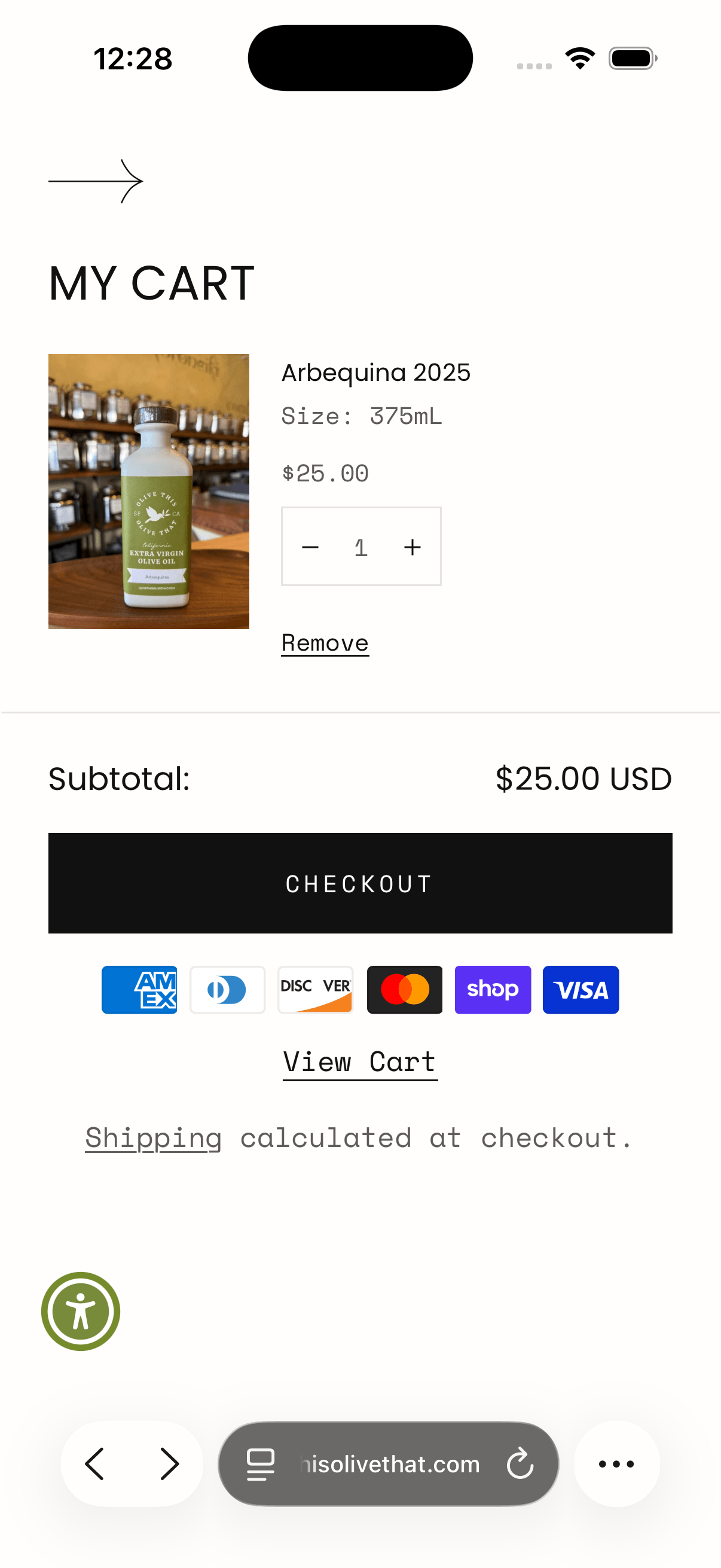 Olive This Olive That cart after the changes, with accepted payment methods under the checkout button