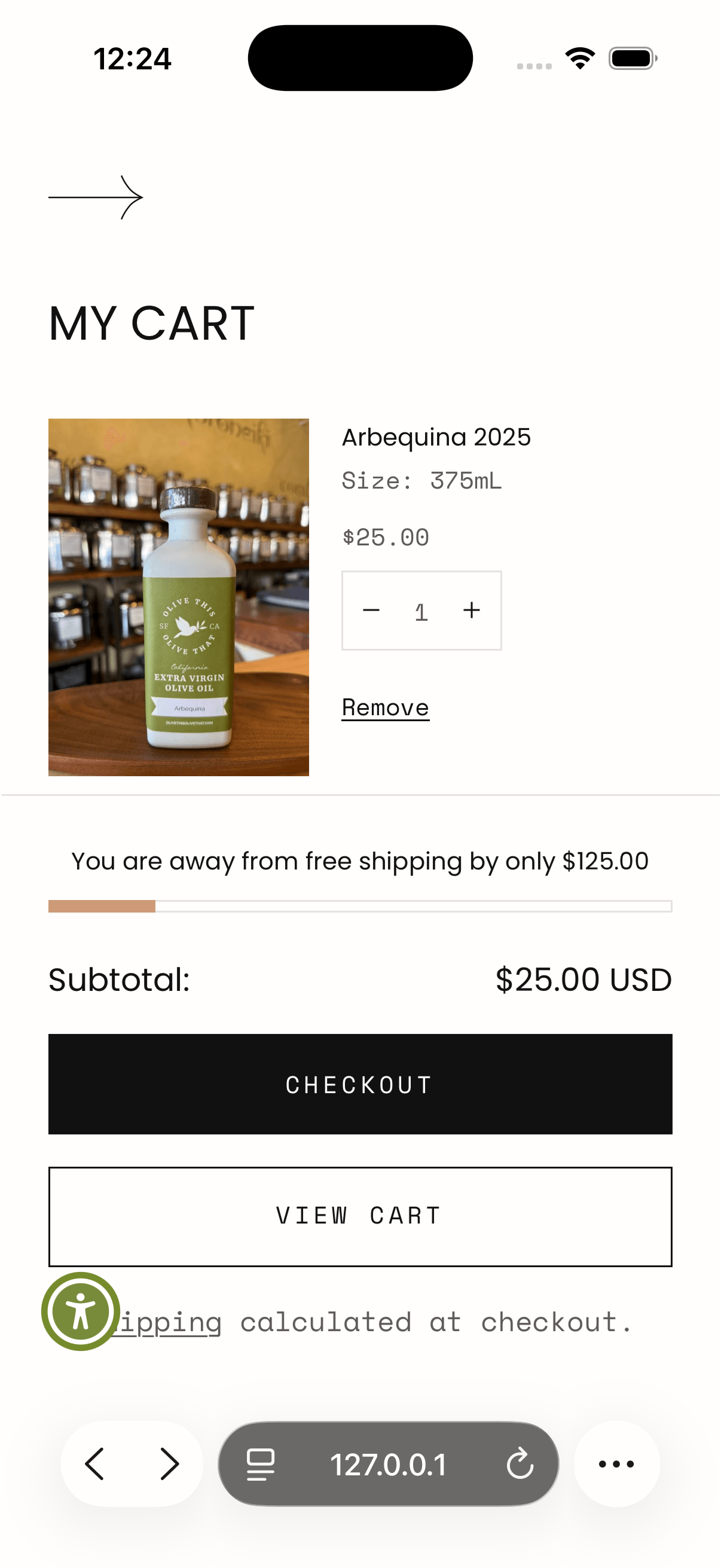 Olive This Olive That cart before the changes, with a free shipping banner above the checkout button and no payment methods shown