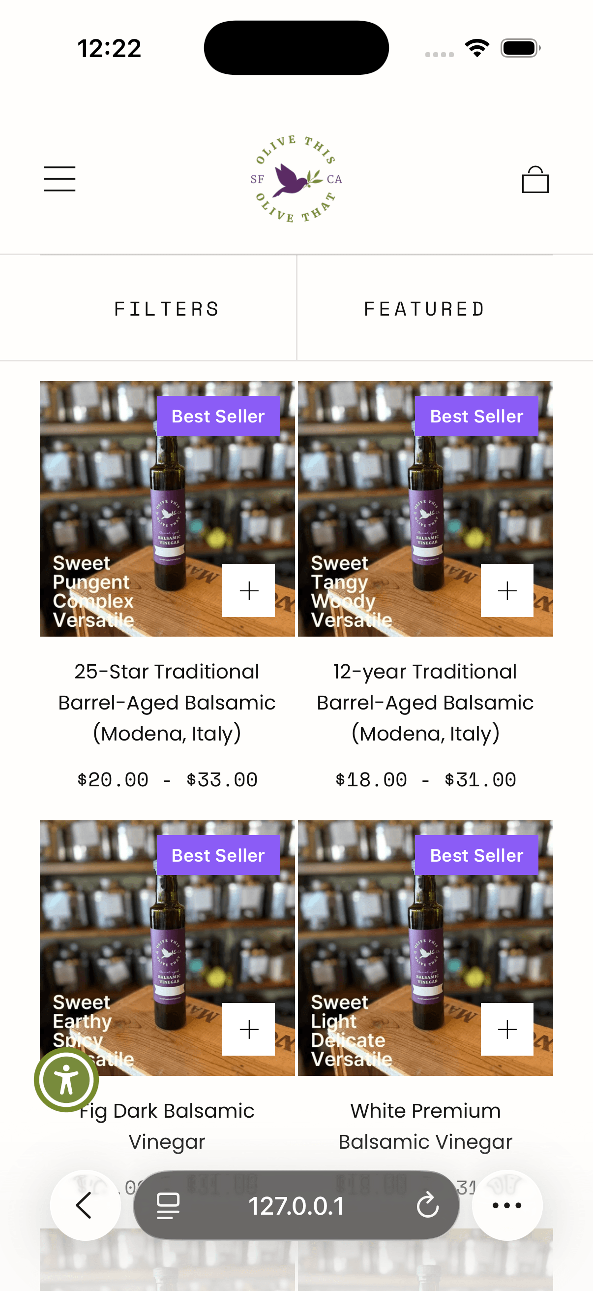 Olive This Olive That collection page before the changes, with a Best Seller badge on every product and two rows filling the screen