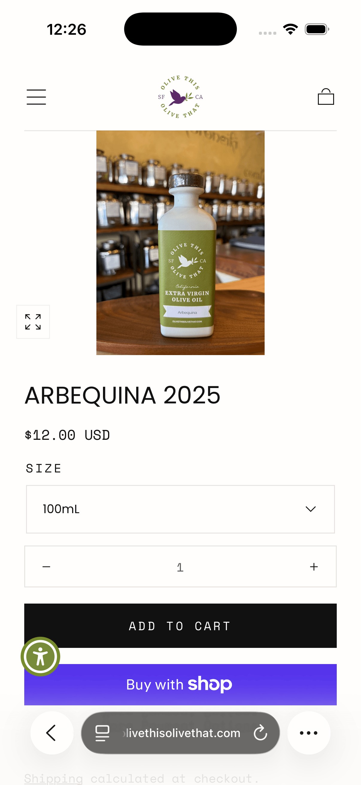 Olive This Olive That product page after the changes, with price, size, and add to cart in view
