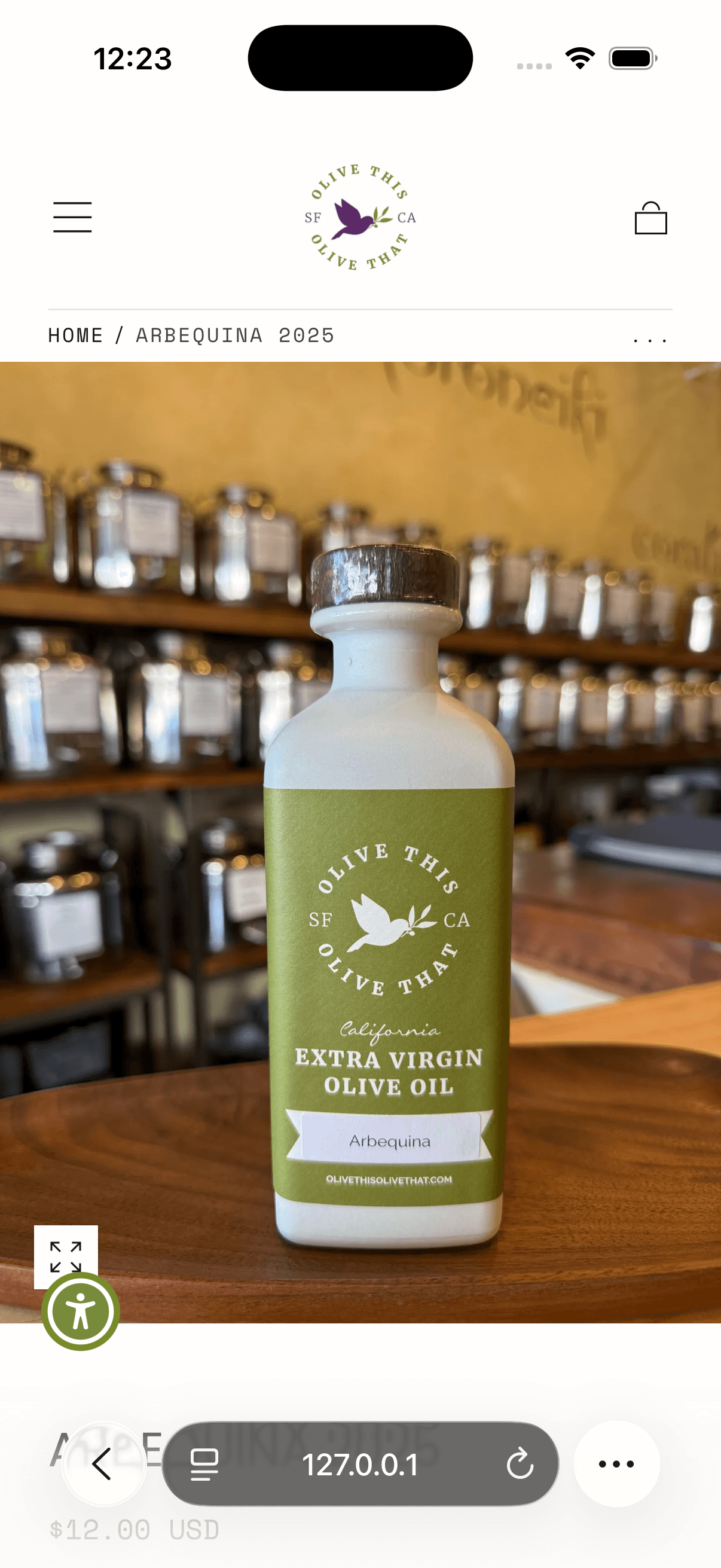 Olive This Olive That product page before the changes, the product photo filling the screen